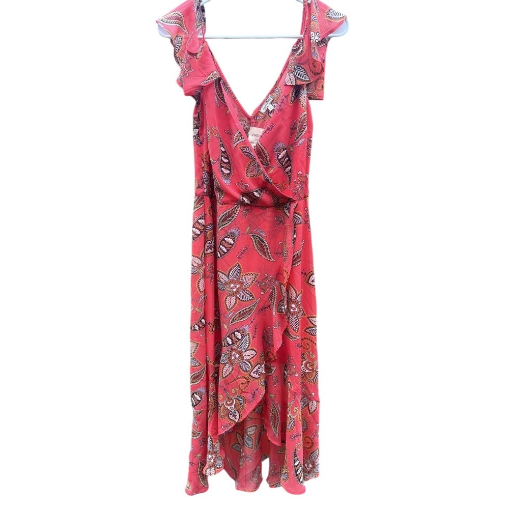 Paisley Floral Wrap Dress Red Ruffle Midi Boho Size S NWT